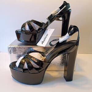 Aititkiss Black Patent Platform Chunky Heel Strappy Sandals